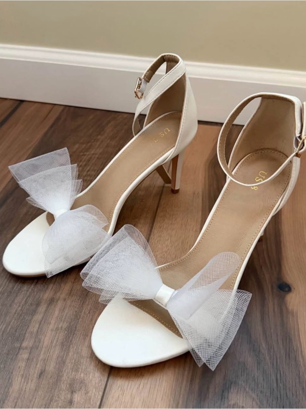 White Tulle Bow Ankle-Strap Heels